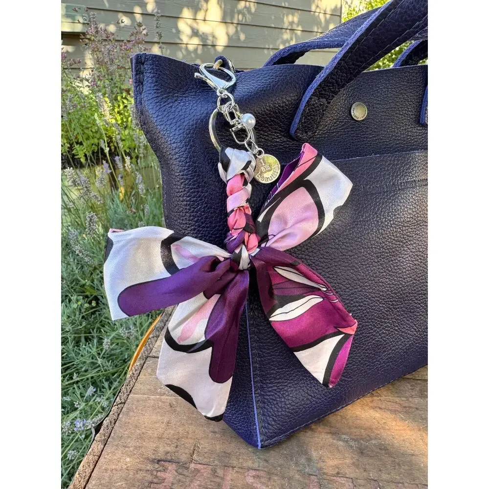 Satin Black Purple Pink Floral Print Bow Bag Charm Floral Purse Charm
